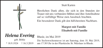 Traueranzeige von Helena Evering von Neue Osnabrücker Zeitung GmbH & Co. KG