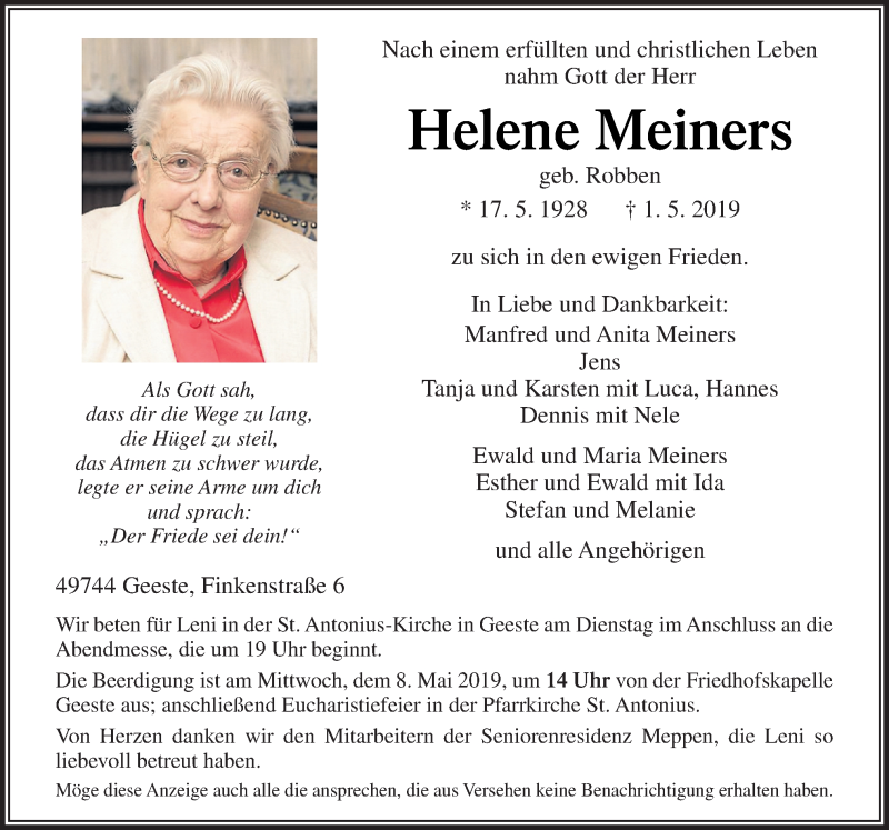  Traueranzeige für Helene Meiners vom 04.05.2019 aus Neue Osnabrücker Zeitung GmbH & Co. KG