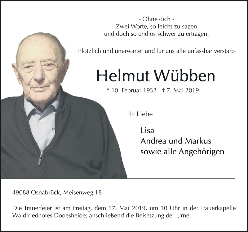  Traueranzeige für Helmut Wübben vom 11.05.2019 aus Neue Osnabrücker Zeitung GmbH & Co. KG