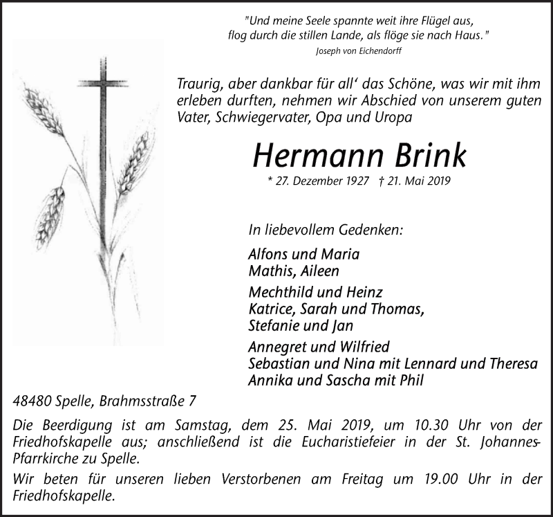 Traueranzeige für Hermann Brink vom 23.05.2019 aus Neue Osnabrücker Zeitung GmbH & Co. KG
