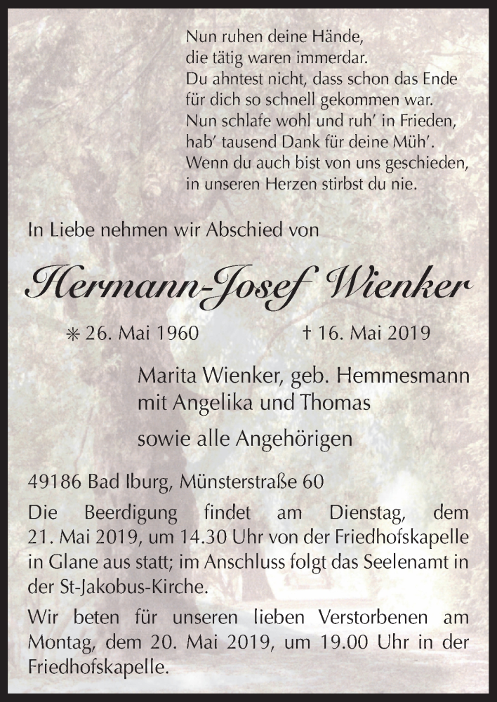  Traueranzeige für Hermann-Josef Wienker vom 18.05.2019 aus Neue Osnabrücker Zeitung GmbH & Co. KG
