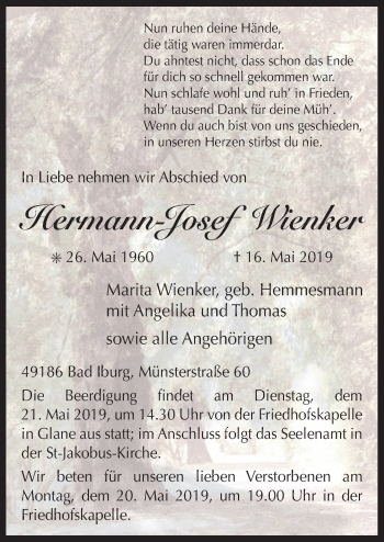 Traueranzeige von Hermann-Josef Wienker von Neue Osnabrücker Zeitung GmbH & Co. KG