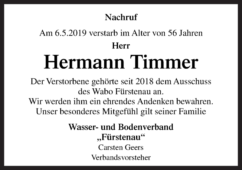  Traueranzeige für Hermann Timmer vom 10.05.2019 aus Neue Osnabrücker Zeitung GmbH & Co. KG