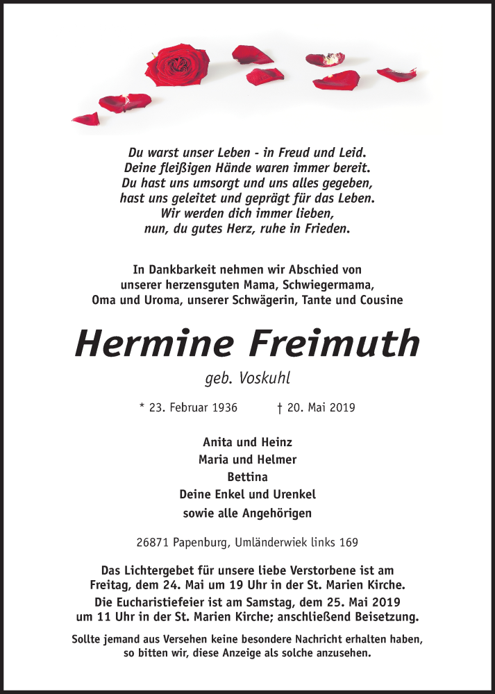  Traueranzeige für Hermine Freimuth vom 22.05.2019 aus Neue Osnabrücker Zeitung GmbH & Co. KG