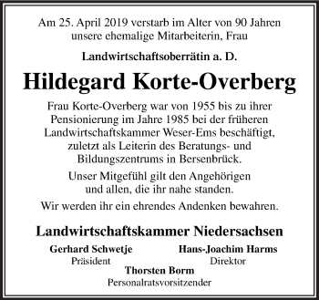 Traueranzeige von Hildegard Korte-Overberg von Neue Osnabrücker Zeitung GmbH & Co. KG