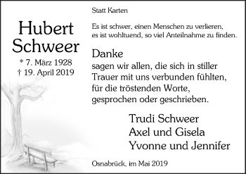 Traueranzeige von Hubert Schweer von Neue Osnabrücker Zeitung GmbH & Co. KG