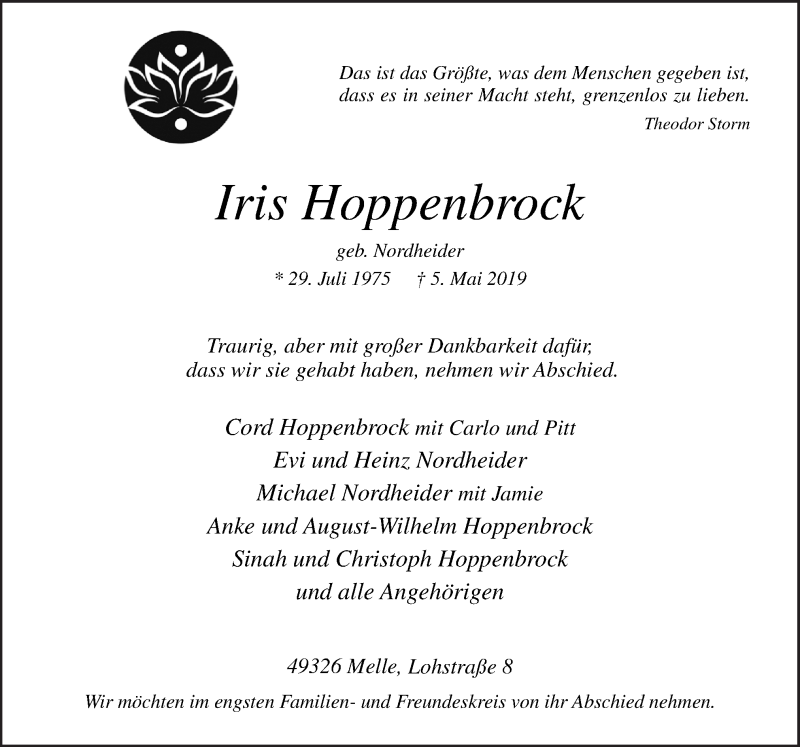  Traueranzeige für Iris Hoppenbrock vom 10.05.2019 aus Neue Osnabrücker Zeitung GmbH & Co. KG