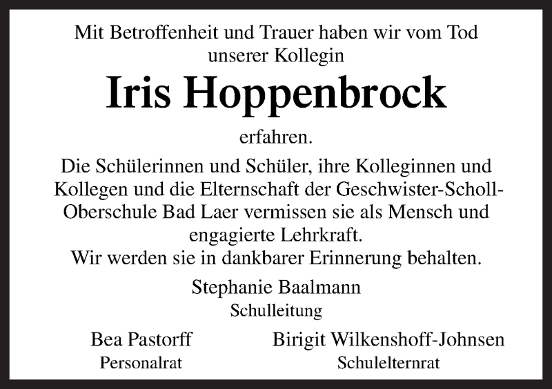  Traueranzeige für Iris Hoppenbrock vom 13.05.2019 aus Neue Osnabrücker Zeitung GmbH & Co. KG