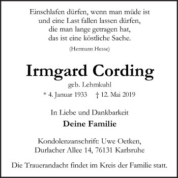 Traueranzeige von Irmgard Cording von Neue Osnabrücker Zeitung GmbH & Co. KG