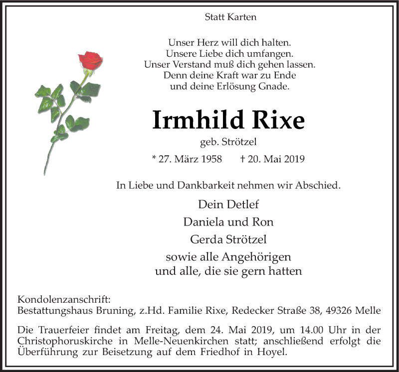  Traueranzeige für Irmhild Rixe vom 23.05.2019 aus Neue Osnabrücker Zeitung GmbH & Co. KG