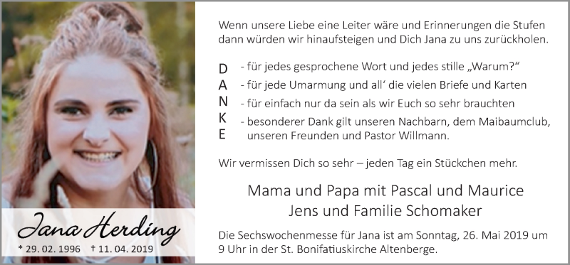  Traueranzeige für Jana Herding vom 23.05.2019 aus Neue Osnabrücker Zeitung GmbH & Co. KG