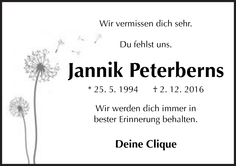  Traueranzeige für Jannik Peterberns vom 25.05.2019 aus Neue Osnabrücker Zeitung GmbH & Co. KG