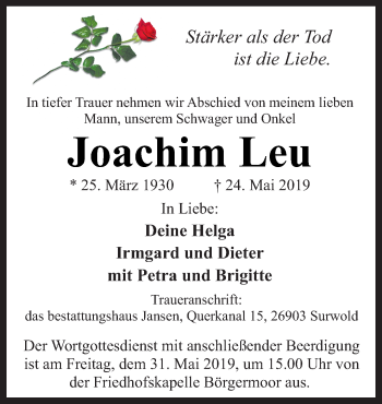 Traueranzeige von Joachim Leu von Neue Osnabrücker Zeitung GmbH & Co. KG