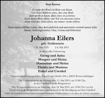 Traueranzeige von Johanna Eilers von Neue Osnabrücker Zeitung GmbH & Co. KG