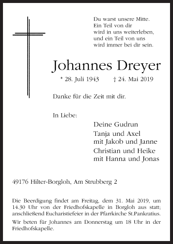 Traueranzeige von Johannes Dreyer von Neue Osnabrücker Zeitung GmbH & Co. KG