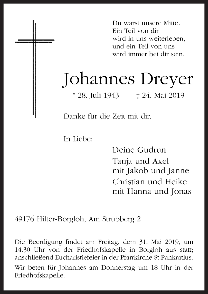  Traueranzeige für Johannes Dreyer vom 28.05.2019 aus Neue Osnabrücker Zeitung GmbH & Co. KG