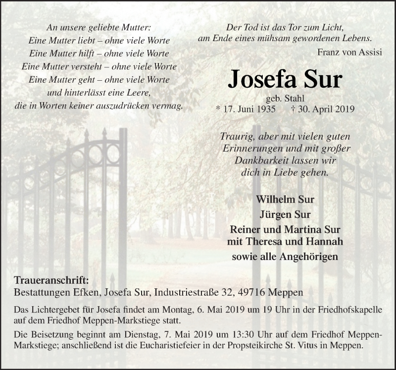  Traueranzeige für Josefa Sur vom 04.05.2019 aus Neue Osnabrücker Zeitung GmbH & Co. KG