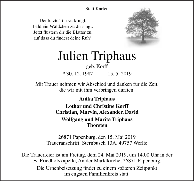  Traueranzeige für Julien Triphaus vom 20.05.2019 aus Neue Osnabrücker Zeitung GmbH & Co. KG