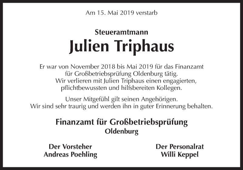  Traueranzeige für Julien Triphaus vom 23.05.2019 aus Neue Osnabrücker Zeitung GmbH & Co. KG