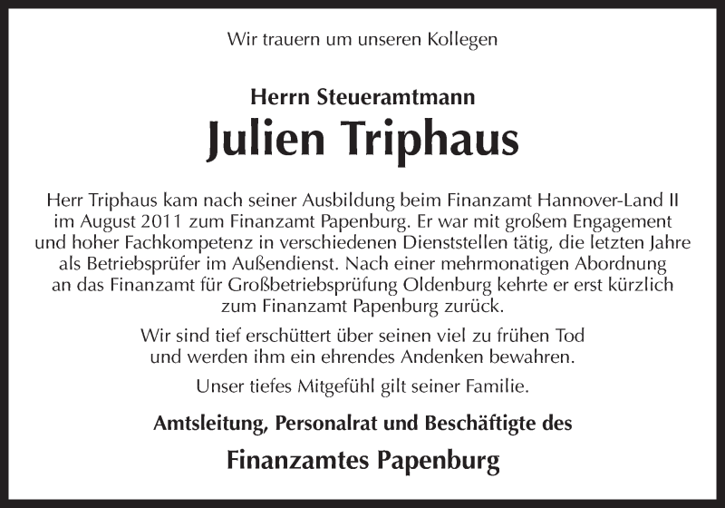  Traueranzeige für Julien Triphaus vom 23.05.2019 aus Neue Osnabrücker Zeitung GmbH & Co. KG