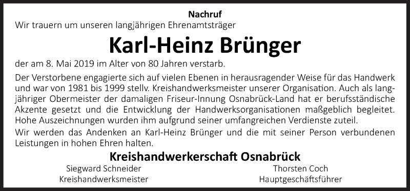  Traueranzeige für Karl-Heinz Brünger vom 11.05.2019 aus Neue Osnabrücker Zeitung GmbH & Co. KG