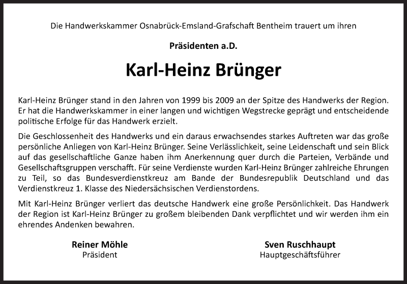  Traueranzeige für Karl-Heinz Brünger vom 11.05.2019 aus Neue Osnabrücker Zeitung GmbH & Co. KG