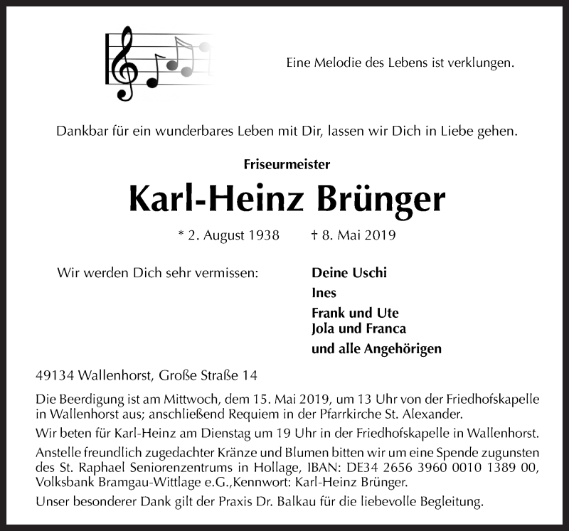  Traueranzeige für Karl-Heinz Brünger vom 10.05.2019 aus Neue Osnabrücker Zeitung GmbH & Co. KG