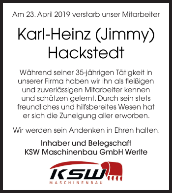 Traueranzeige von Karl-Heinz Hackstedt von Neue Osnabrücker Zeitung GmbH & Co. KG