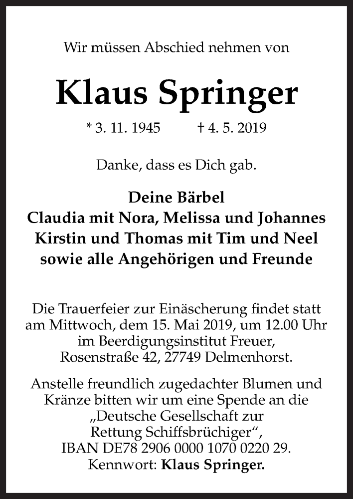  Traueranzeige für Klaus Springer vom 09.05.2019 aus Neue Osnabrücker Zeitung GmbH & Co. KG