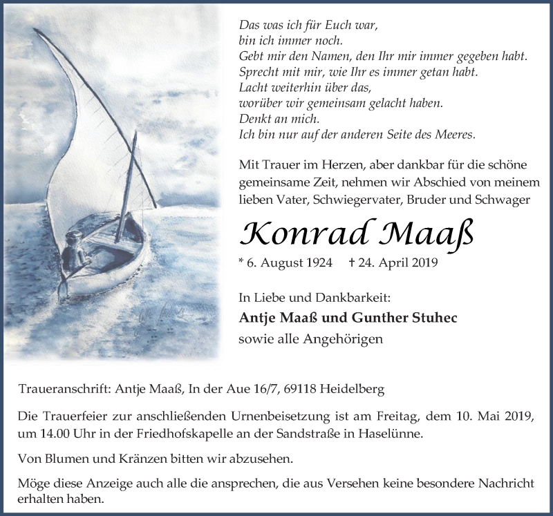  Traueranzeige für Konrad Maaß vom 04.05.2019 aus Neue Osnabrücker Zeitung GmbH & Co. KG