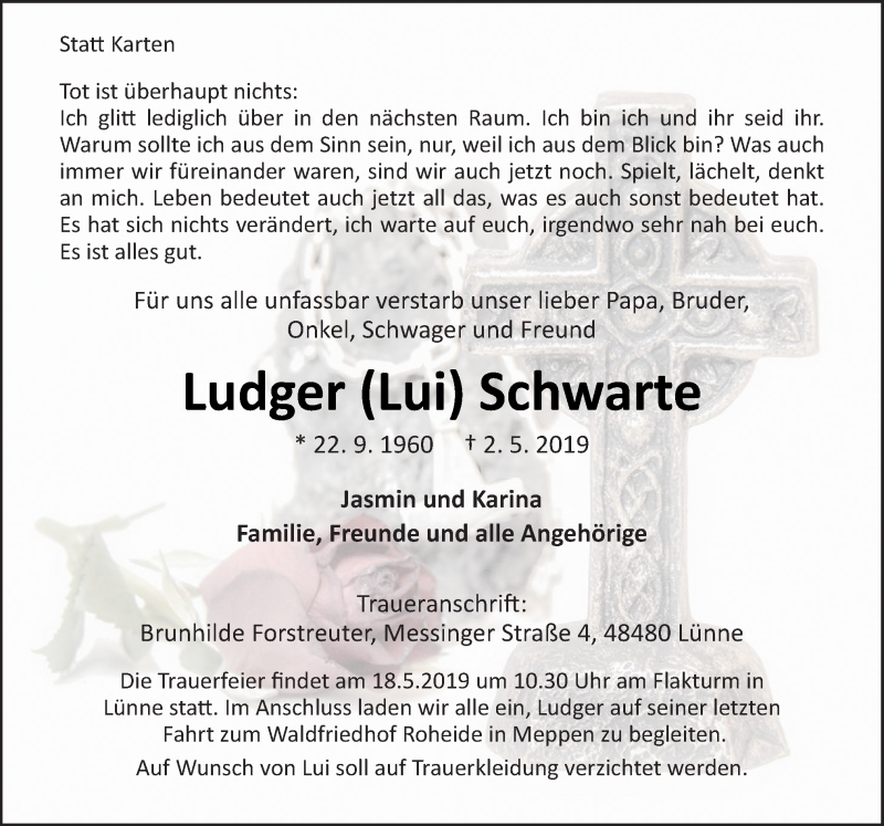  Traueranzeige für Ludger  Schwarte vom 11.05.2019 aus Neue Osnabrücker Zeitung GmbH & Co. KG
