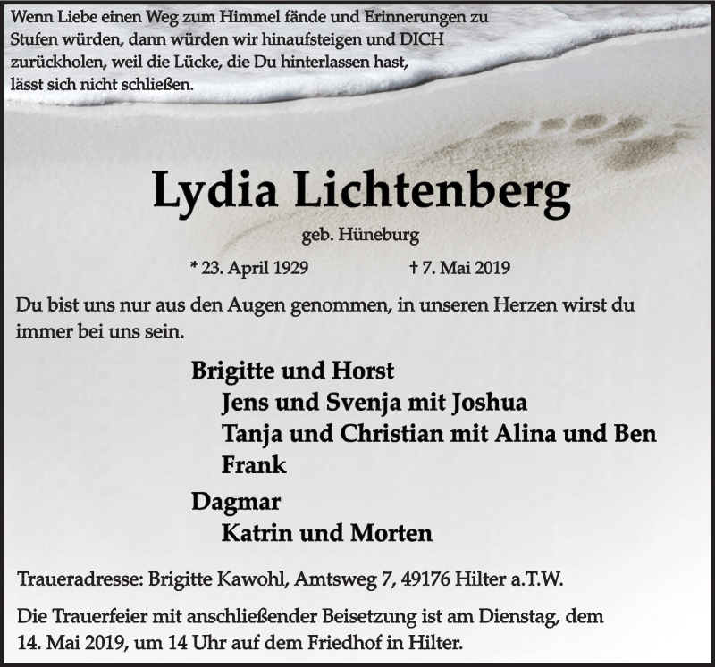  Traueranzeige für Lydia Lichtenberg vom 10.05.2019 aus Neue Osnabrücker Zeitung GmbH & Co. KG