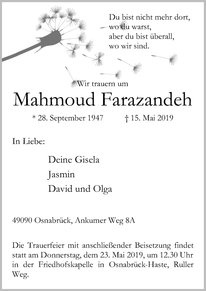  Traueranzeige für Mahmoud Farazandeh vom 18.05.2019 aus Neue Osnabrücker Zeitung GmbH & Co. KG