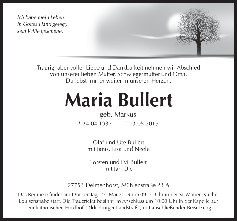  Traueranzeige für Maria Bullert vom 18.05.2019 aus Neue Osnabrücker Zeitung GmbH & Co. KG