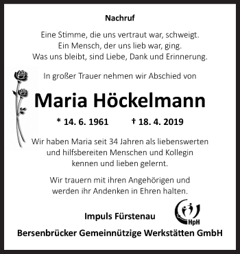 Traueranzeige von Maria Höckelmann von Neue Osnabrücker Zeitung GmbH & Co. KG