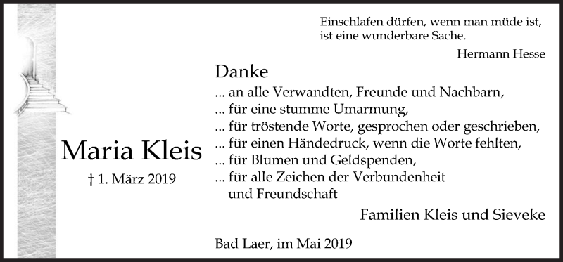  Traueranzeige für Maria Kleis vom 18.05.2019 aus Neue Osnabrücker Zeitung GmbH & Co. KG