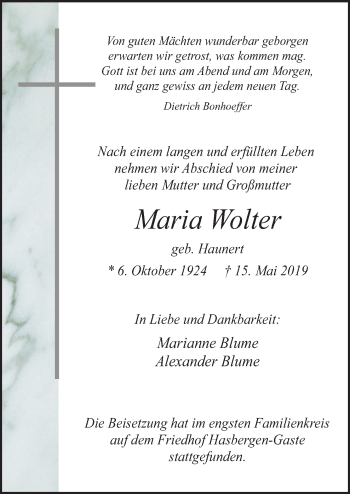 Traueranzeige von Maria Wolter von Neue Osnabrücker Zeitung GmbH & Co. KG