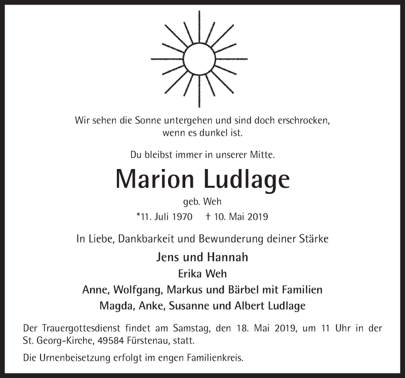  Traueranzeige für Marion Ludlage vom 15.05.2019 aus Neue Osnabrücker Zeitung GmbH & Co. KG