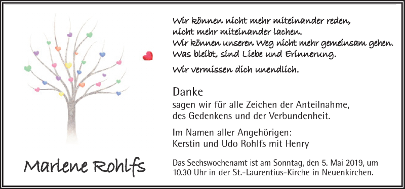  Traueranzeige für Marlene Rohlfs vom 03.05.2019 aus Neue Osnabrücker Zeitung GmbH & Co. KG