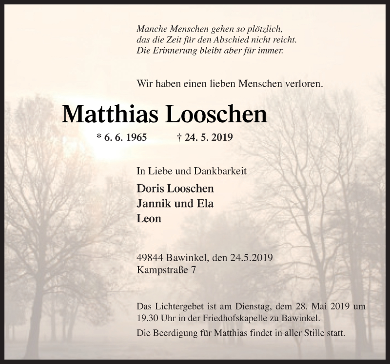  Traueranzeige für Matthias Looschen vom 27.05.2019 aus Neue Osnabrücker Zeitung GmbH & Co. KG