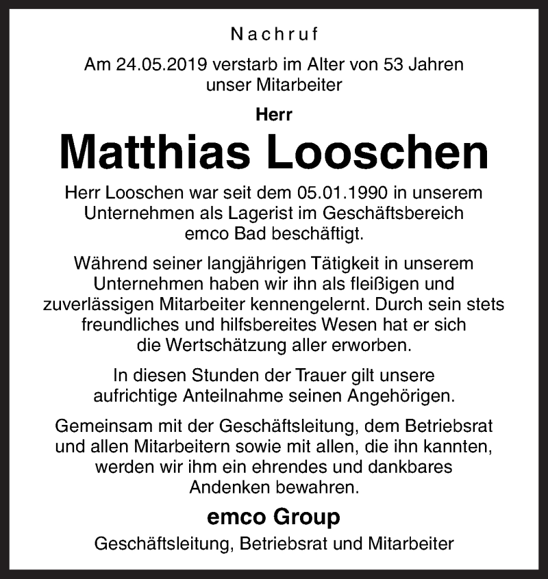  Traueranzeige für Matthias Looschen vom 29.05.2019 aus Neue Osnabrücker Zeitung GmbH & Co. KG