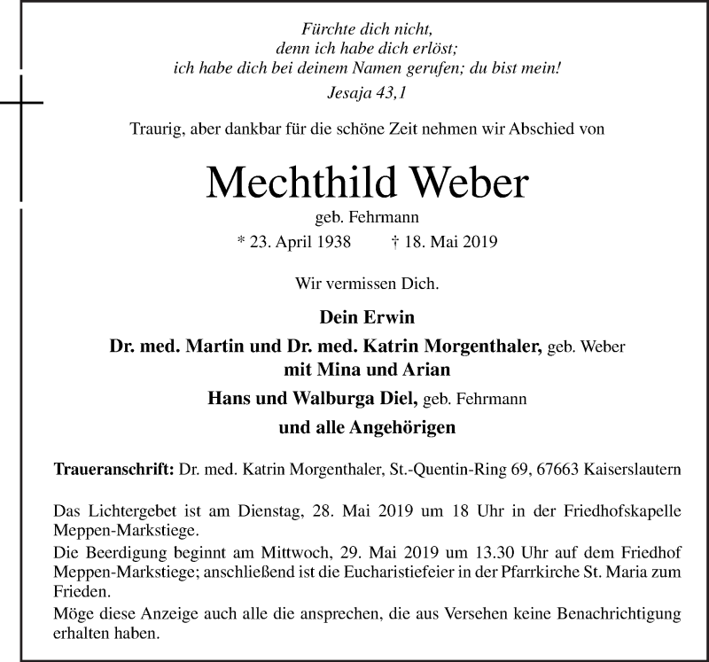  Traueranzeige für Mechthild Weber vom 24.05.2019 aus Neue Osnabrücker Zeitung GmbH & Co. KG