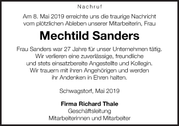 Traueranzeige von Mechtild Sanders von Neue Osnabrücker Zeitung GmbH & Co. KG