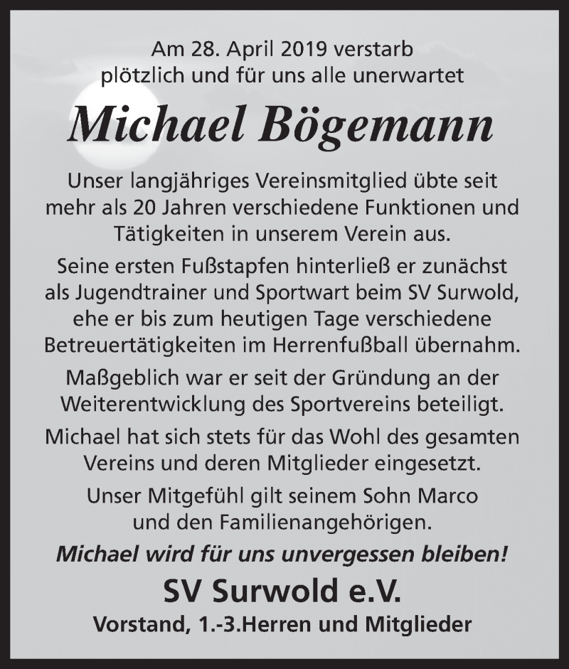  Traueranzeige für Michael Bögemann vom 04.05.2019 aus Neue Osnabrücker Zeitung GmbH & Co. KG