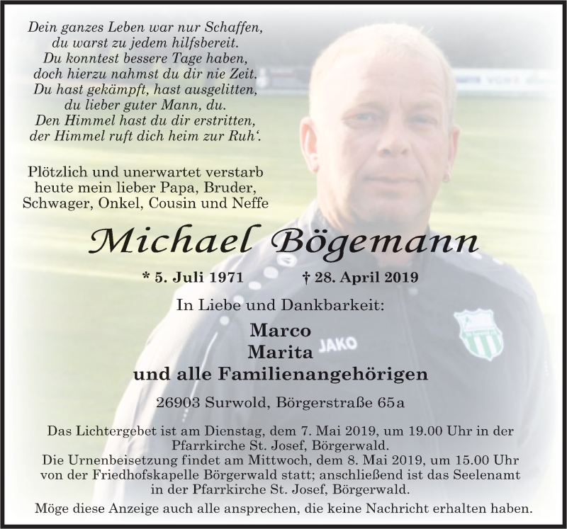  Traueranzeige für Michael Bögemann vom 02.05.2019 aus Neue Osnabrücker Zeitung GmbH & Co. KG