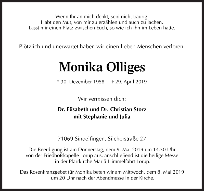  Traueranzeige für Monika Olliges vom 04.05.2019 aus Neue Osnabrücker Zeitung GmbH & Co. KG