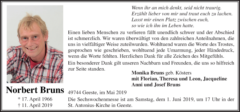  Traueranzeige für Norbert Bruns vom 29.05.2019 aus Neue Osnabrücker Zeitung GmbH & Co. KG