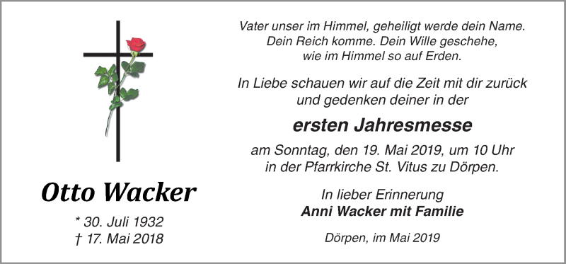 Traueranzeigen von Otto Wacker noz Trauerportal