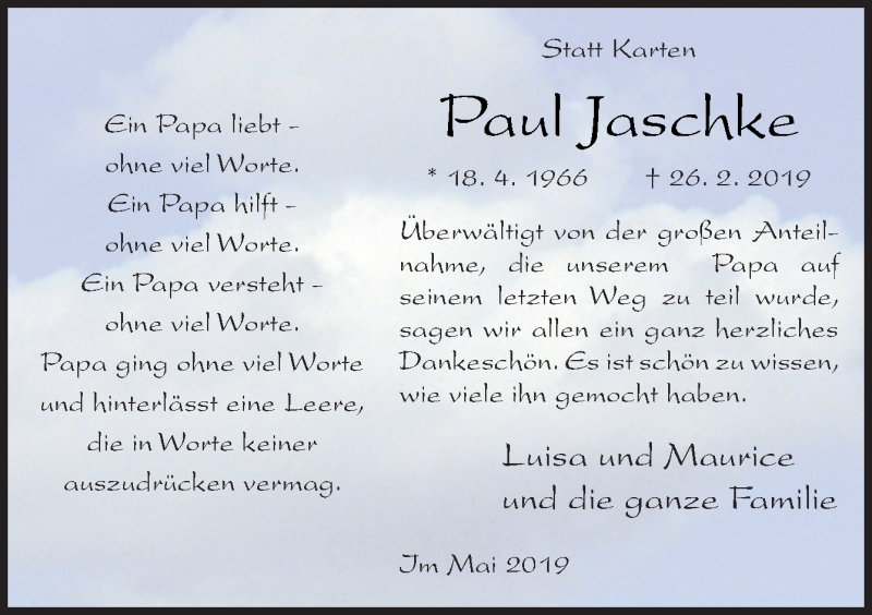  Traueranzeige für Paul Jaschke vom 11.05.2019 aus Neue Osnabrücker Zeitung GmbH & Co. KG