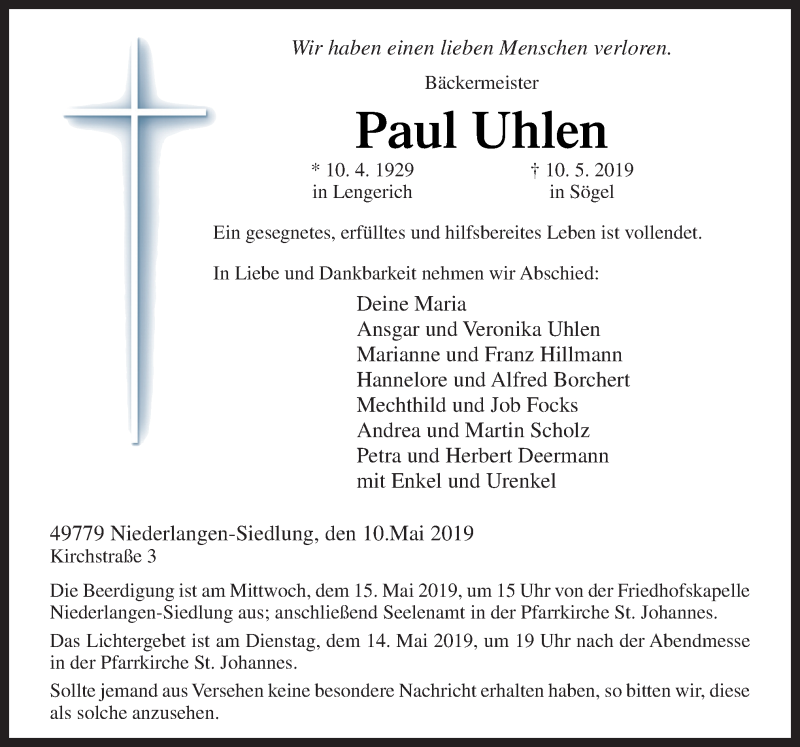  Traueranzeige für Paul Uhlen vom 13.05.2019 aus Neue Osnabrücker Zeitung GmbH & Co. KG